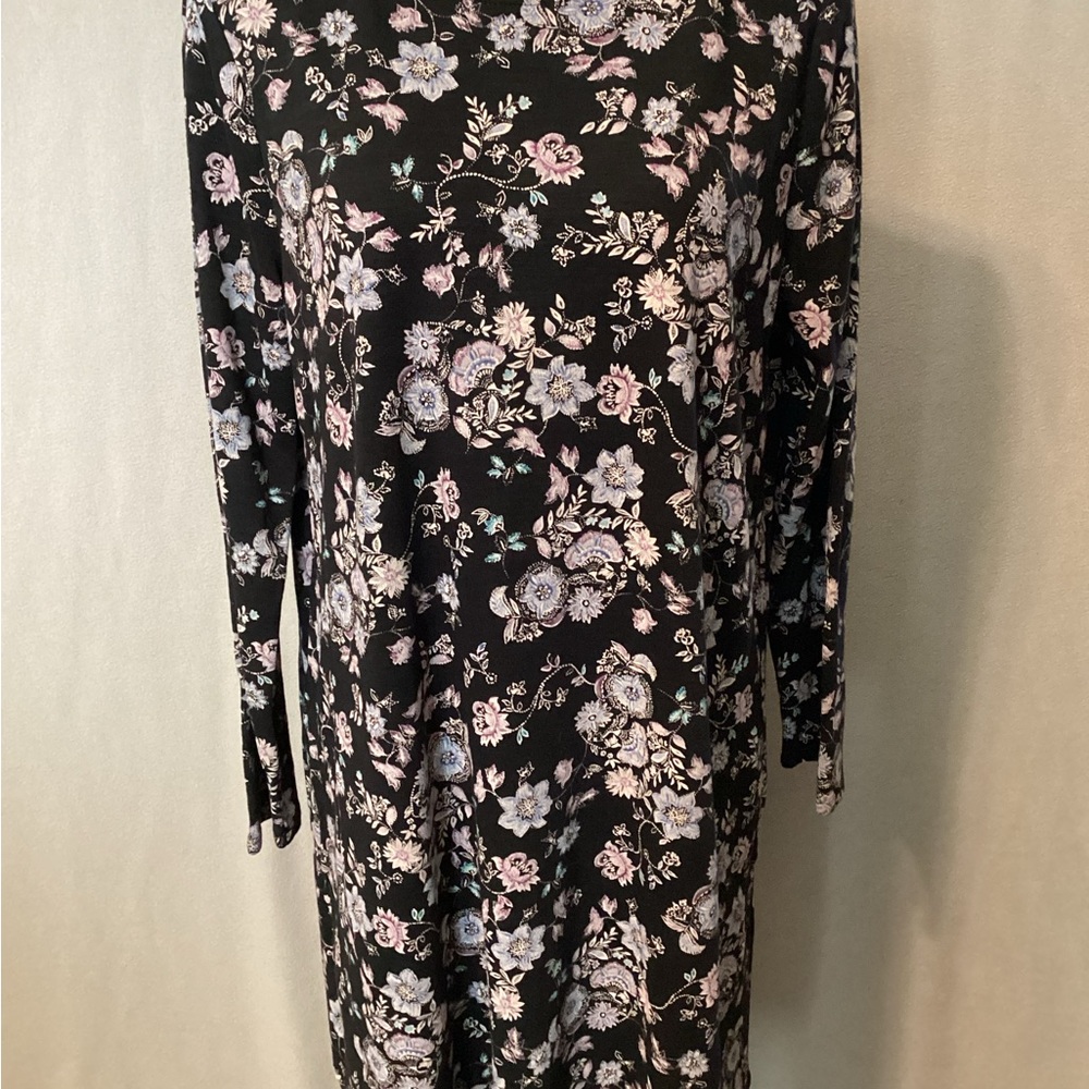J. Jill Midi Dress Large Petite Black Blue Lilac Floral Shift Knit Lace Up Back